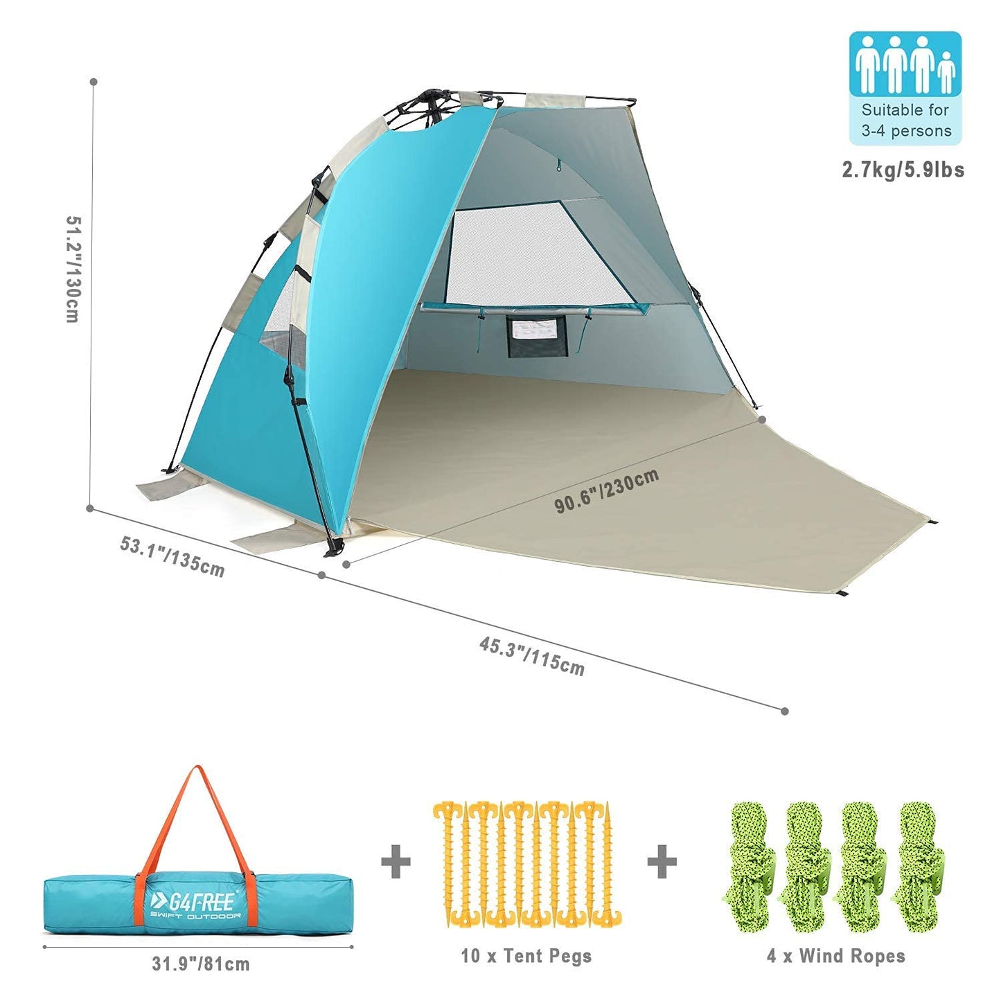 G4Free Large Pop up Beach Tent for 3-4 Person, UPF 50+ Automatic Sun Shelter Canopy Portable Outdoor Cabana Sun Umbrella