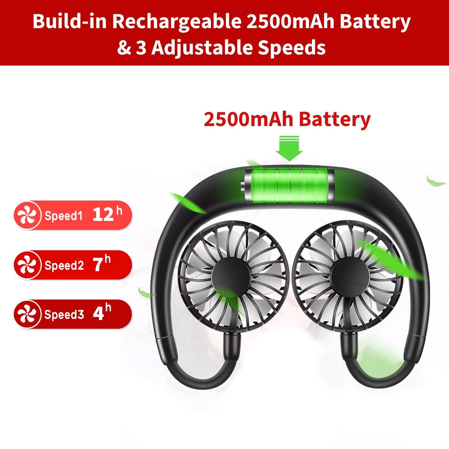 Portable Neck Fan Rechargeable Personal Hand-Free Fan Mini USB Wearable Neckband Sport Fan, 3 Speed Adjustable, 360 Degrees Free Rotation Perfect for Working, Traveling, Office, Reading (Black)