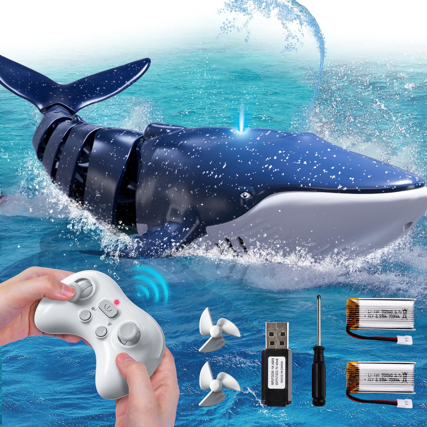 Remote Control Shark Toys for Boys Kids, 1:18 Scale High Simulation Shark for Pool, 2.4Ghz Electric RC Shark Boat Fish Toys with Light & Spray, Toy Shark Gifts for 6 7 8 9 Year olds Kid Boys Girls