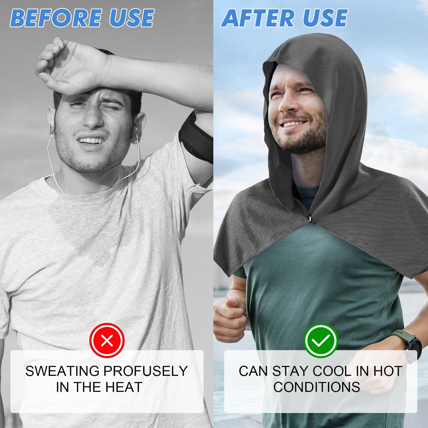 CSITE Cooling Hoodie Towels for Neck and Face, UPF 50 Sun Protection & Instant Cooling, Ice Towels for Hot Weather, Soft Breathable Towel for Sport, Work Out, Gym, Camping & More Activities