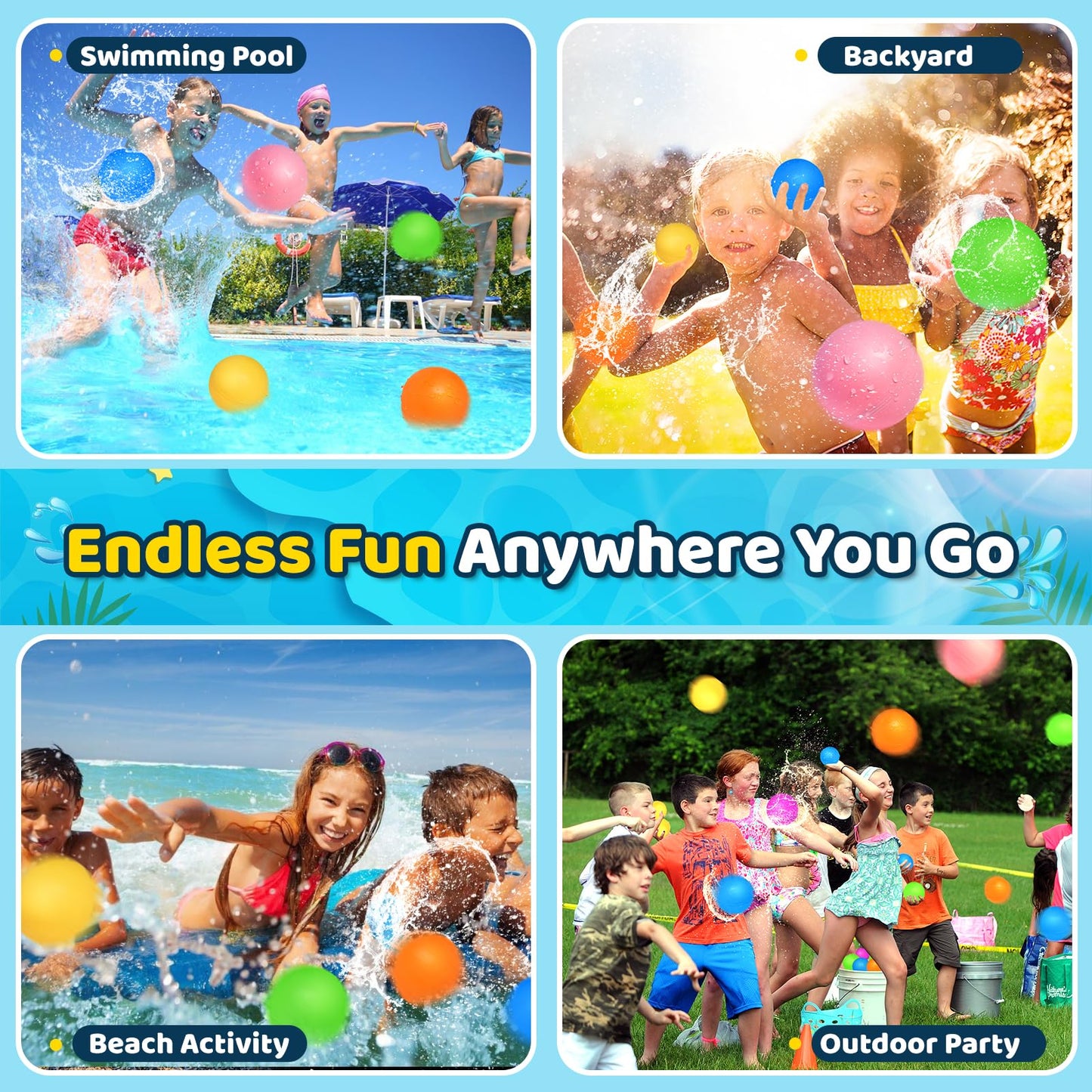 Reusable Water Balloons, Water Ball for beach toys, Summer toys, Easy Quick Fill & Self-Sealing Water Bombs, Soft Silicone Water Splash Ball, Best Gift for Kids(6Pcs)