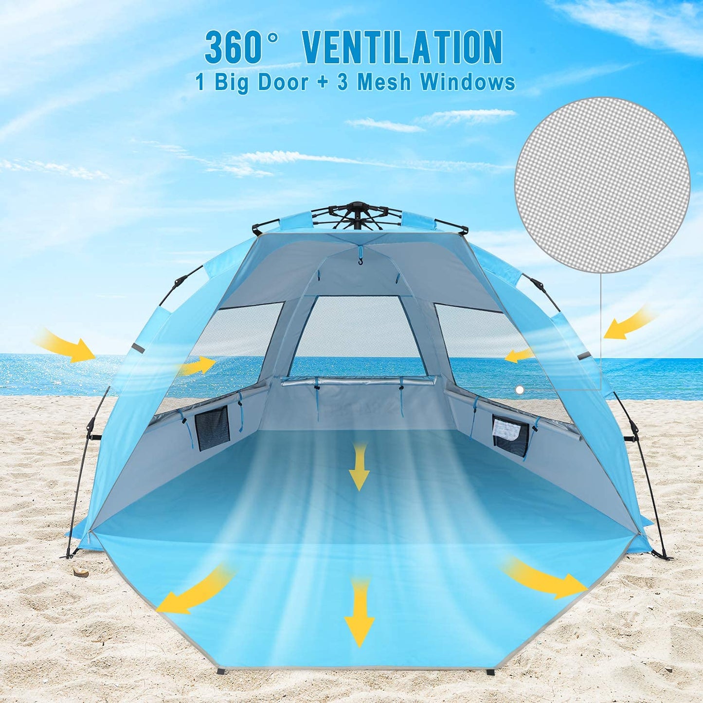 G4Free Large Pop up Beach Tent for 3-4 Person, UPF 50+ Automatic Sun Shelter Canopy Portable Outdoor Cabana Sun Umbrella