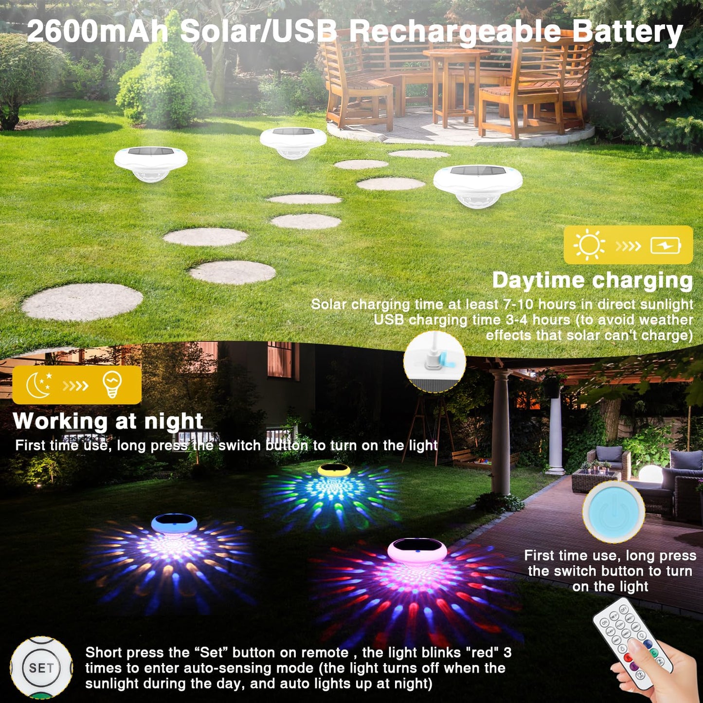 Solar Powered and USB Rechargeable Floating Pool Lights, 6.69 Inch IP68 Waterproof Pool Lights That Float 6 Dynamic Modes with Remote Upper and Lower Glow 2600mAh Hangable Solar Light for Pond 2 PACK