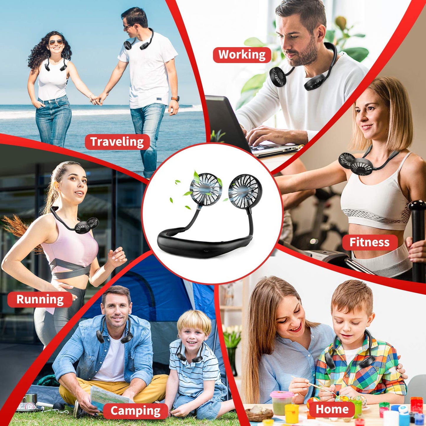 Portable Neck Fan Rechargeable Personal Hand-Free Fan Mini USB Wearable Neckband Sport Fan, 3 Speed Adjustable, 360 Degrees Free Rotation Perfect for Working, Traveling, Office, Reading (Black)