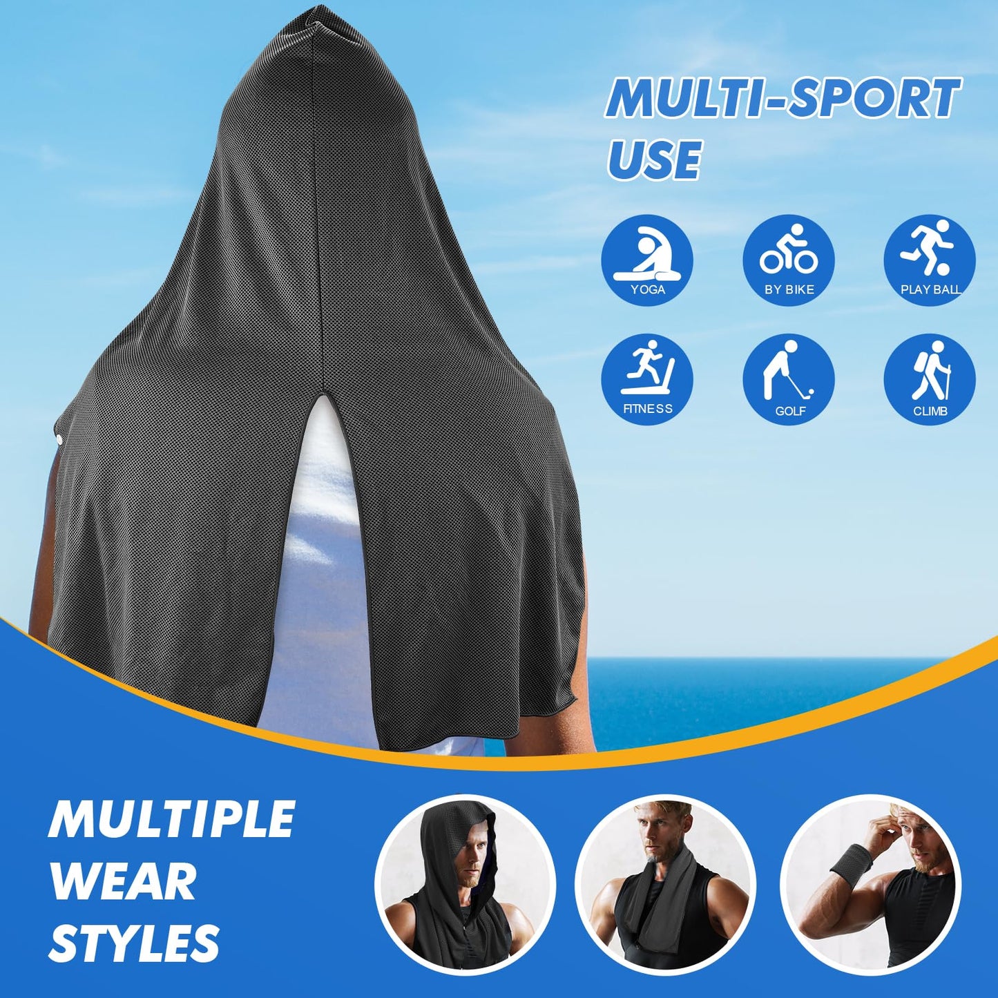 CSITE Cooling Hoodie Towels for Neck and Face, UPF 50 Sun Protection & Instant Cooling, Ice Towels for Hot Weather, Soft Breathable Towel for Sport, Work Out, Gym, Camping & More Activities