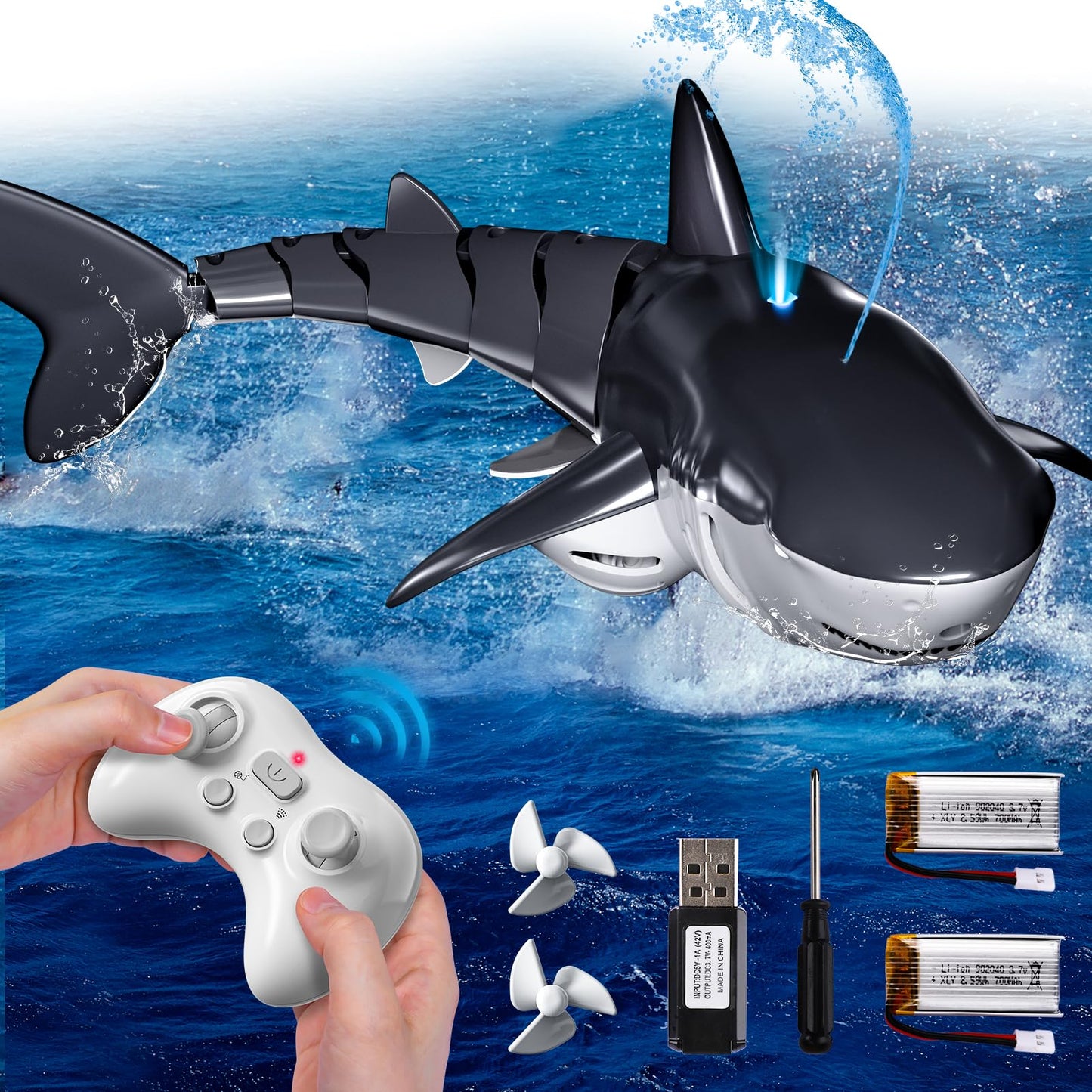 Remote Control Shark Toys for Boys Kids, 1:18 Scale High Simulation Shark for Pool, 2.4Ghz Electric RC Shark Boat Fish Toys with Light & Spray, Toy Shark Gifts for 6 7 8 9 Year olds Kid Boys Girls