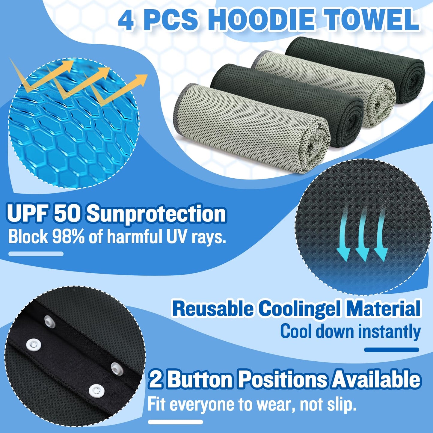 Cooling Hoodie Towels, Absorbent & Quick Drying Sweat Towel Wraps for Neck and Face, Long-Lasting Cooling and Sun Protection in Hot Weather Summer Outdoor Accessories, 4 Pcs