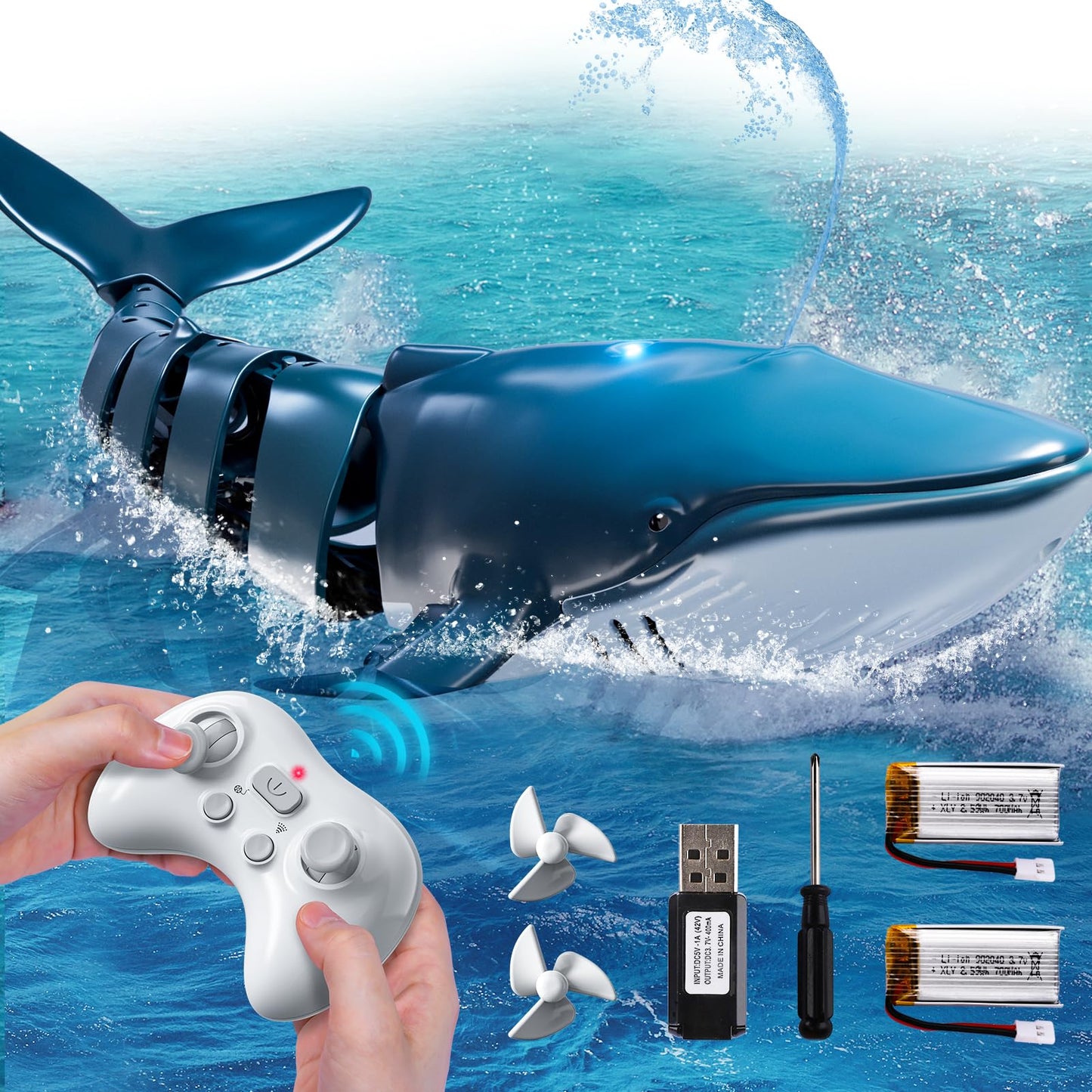 Remote Control Shark Toys for Boys Kids, 1:18 Scale High Simulation Shark for Pool, 2.4Ghz Electric RC Shark Boat Fish Toys with Light & Spray, Toy Shark Gifts for 6 7 8 9 Year olds Kid Boys Girls