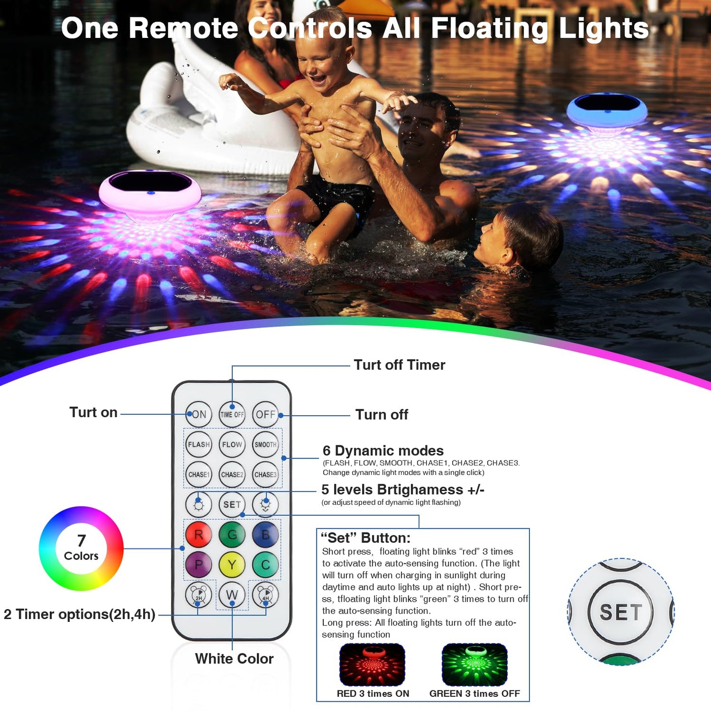 Solar Powered and USB Rechargeable Floating Pool Lights, 6.69 Inch IP68 Waterproof Pool Lights That Float 6 Dynamic Modes with Remote Upper and Lower Glow 2600mAh Hangable Solar Light for Pond 2 PACK