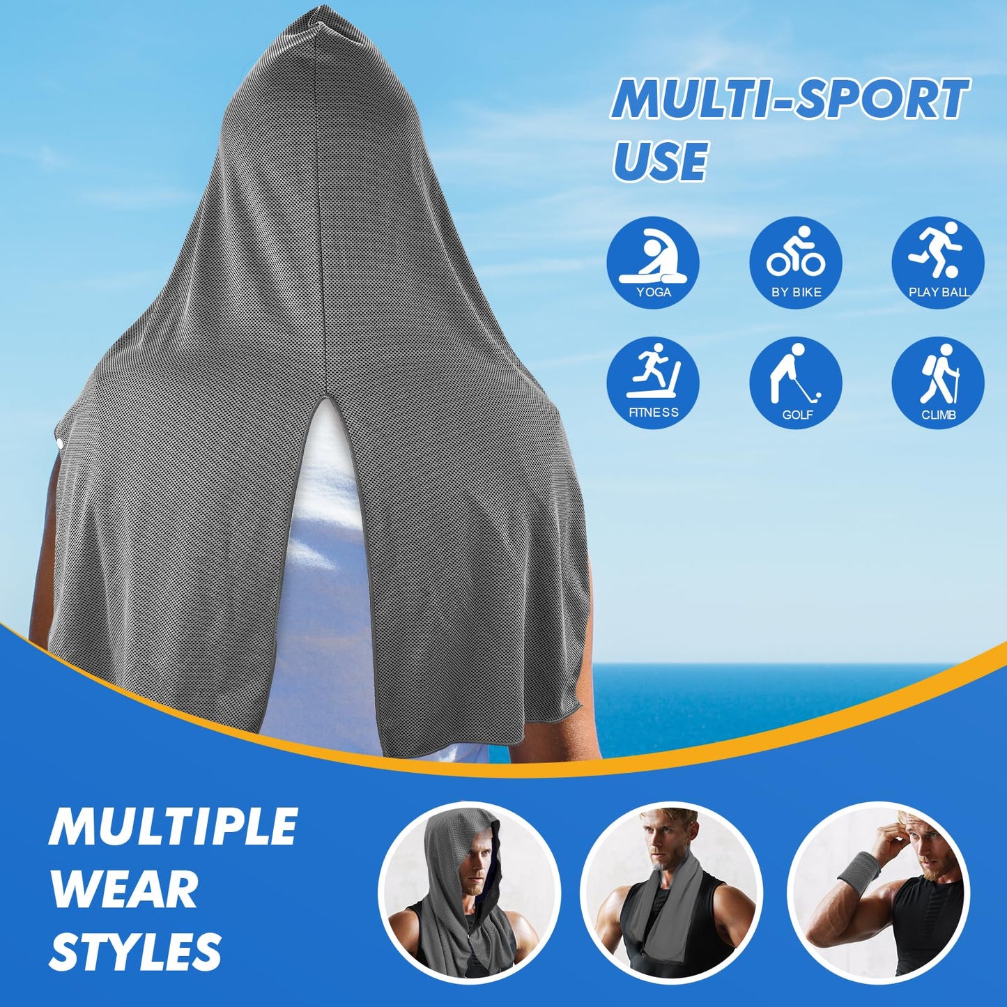 CSITE Cooling Hoodie Towels for Neck and Face, UPF 50 Sun Protection & Instant Cooling, Ice Towels for Hot Weather, Soft Breathable Towel for Sport, Work Out, Gym, Camping & More Activities