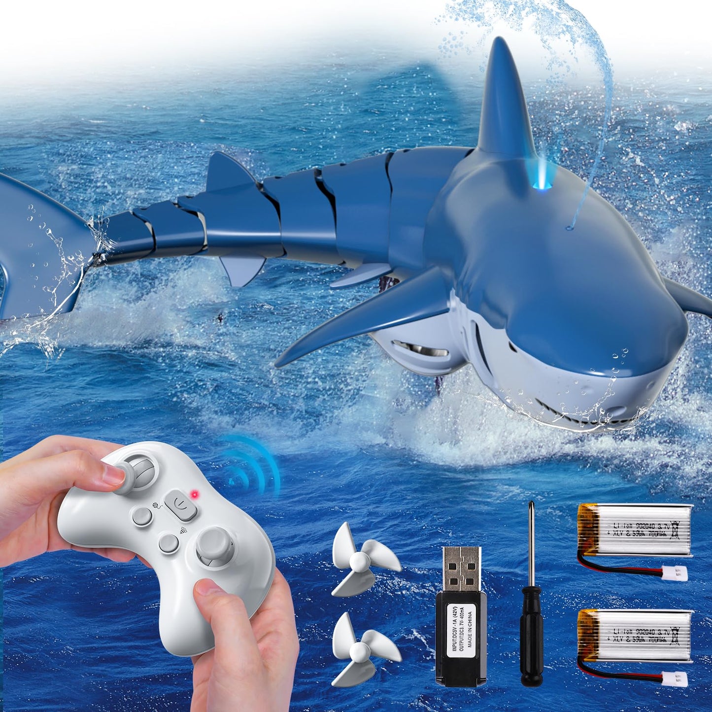 Remote Control Shark Toys for Boys Kids, 1:18 Scale High Simulation Shark for Pool, 2.4Ghz Electric RC Shark Boat Fish Toys with Light & Spray, Toy Shark Gifts for 6 7 8 9 Year olds Kid Boys Girls