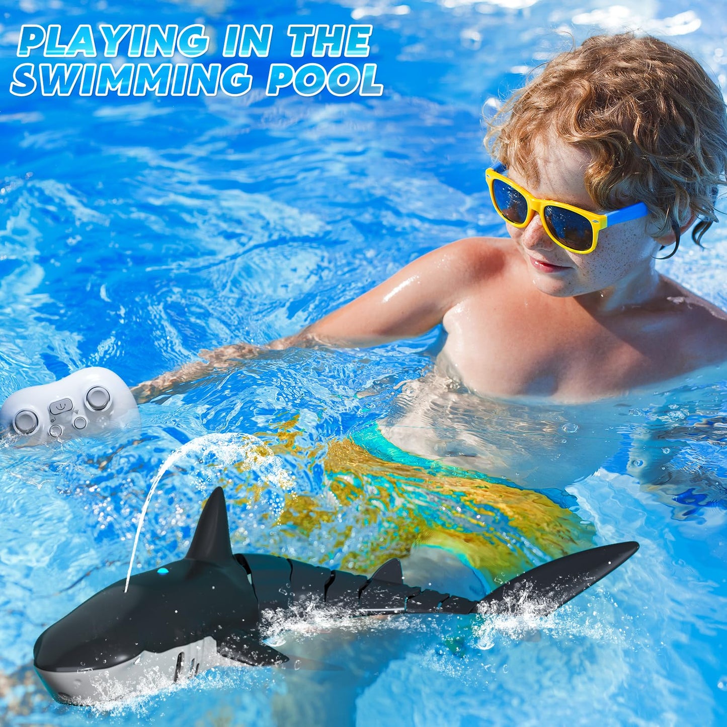 Remote Control Shark Toys for Boys Kids, 1:18 Scale High Simulation Shark for Pool, 2.4Ghz Electric RC Shark Boat Fish Toys with Light & Spray, Toy Shark Gifts for 6 7 8 9 Year olds Kid Boys Girls