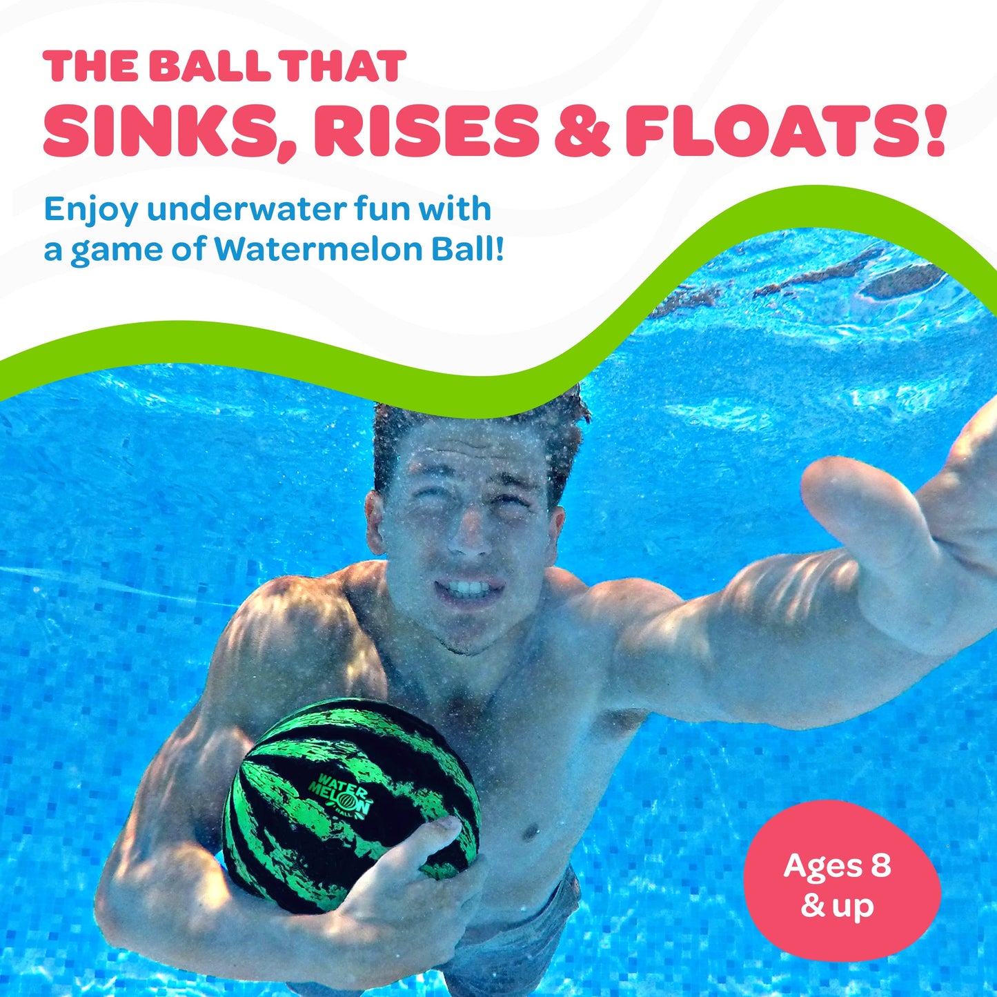 Watermelon Ball JR - Pool Toy for Underwater Games - Durable Ball for Pool Football, Basketball & Rugby - Perfect for Water Parties - Fun for Adults & Kids Alike - Fillable Pool Ball - Ages 6+