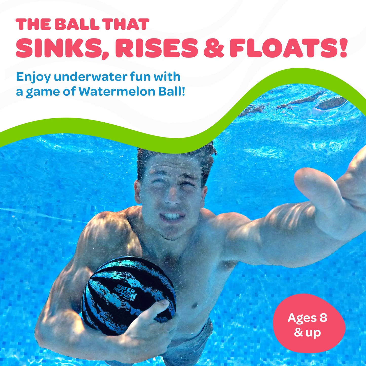 Watermelon Ball JR - Pool Toy for Underwater Games - Durable Ball for Pool Football, Basketball & Rugby - Perfect for Water Parties - Fun for Adults & Kids Alike - Fillable Pool Ball - Ages 6+