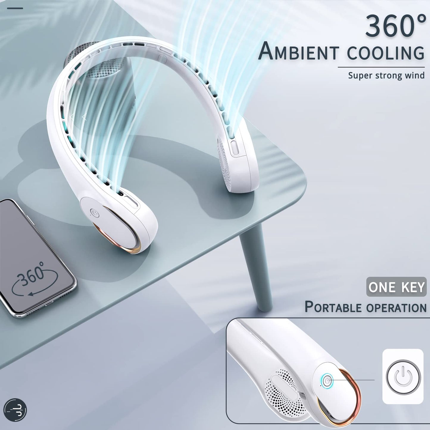 ASNUG Neck Fan, USB Rechargeable Personal Fan, 4000 mAh Battery Operated, 3 Speeds Adjustable, Faster Cooling, Ultra Quiet, Suitable for Home, Office, Travel, Sports