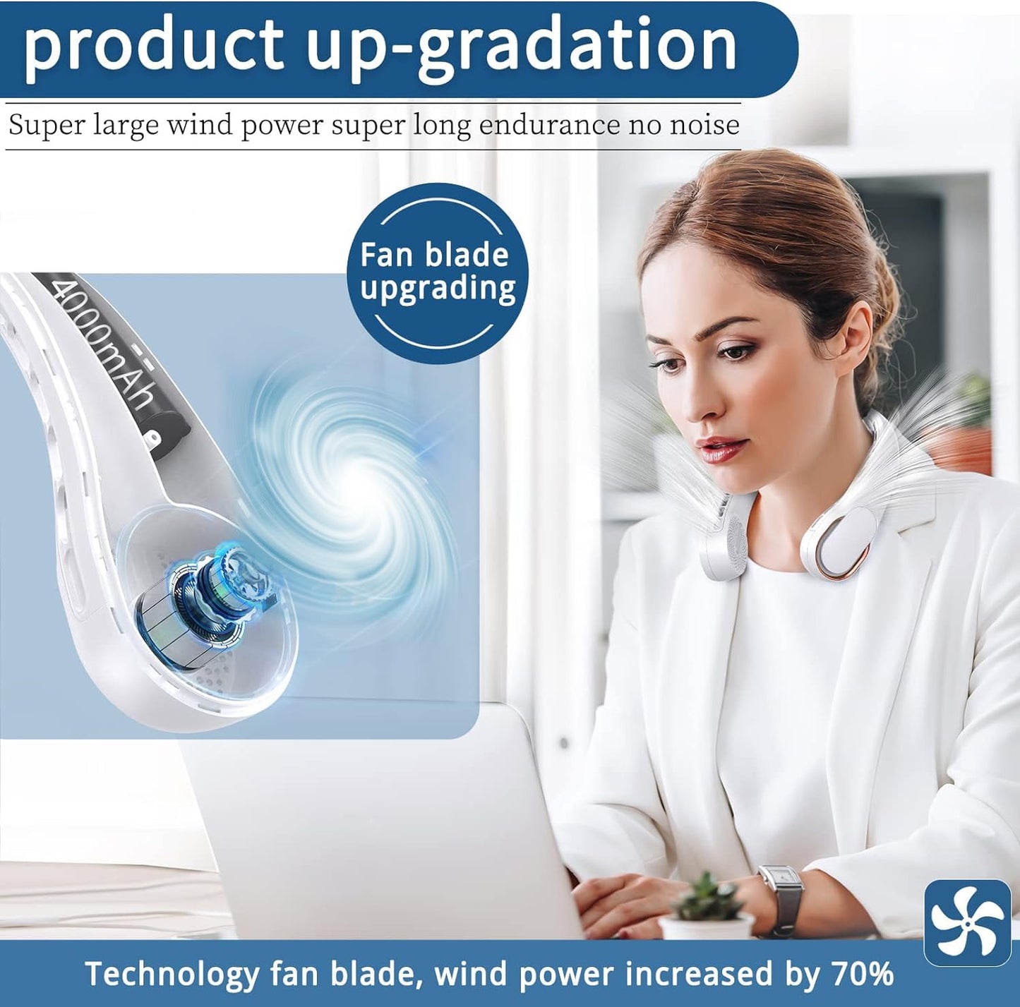 ASNUG Neck Fan, USB Rechargeable Personal Fan, 4000 mAh Battery Operated, 3 Speeds Adjustable, Faster Cooling, Ultra Quiet, Suitable for Home, Office, Travel, Sports