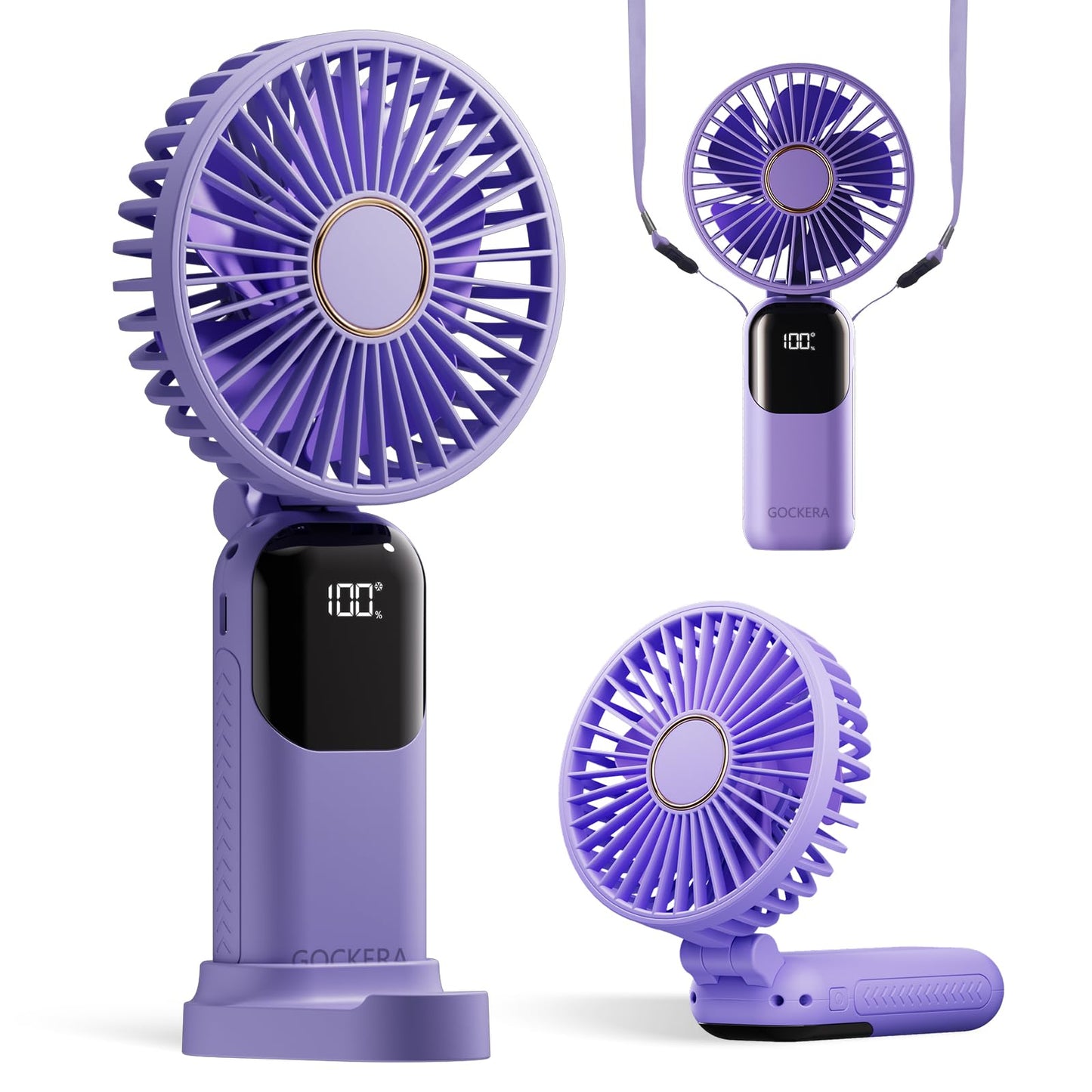 GOCKERA Portable Fan, 4200mAh Battery Operated Fan, 5 Speeds&Digital Display, Makeup Fans for Women with Base, 180°Foldable 3in1 Handheld/Neck/Desk Fan for Outdoor Indoor,Ultra Quiet (Pink)